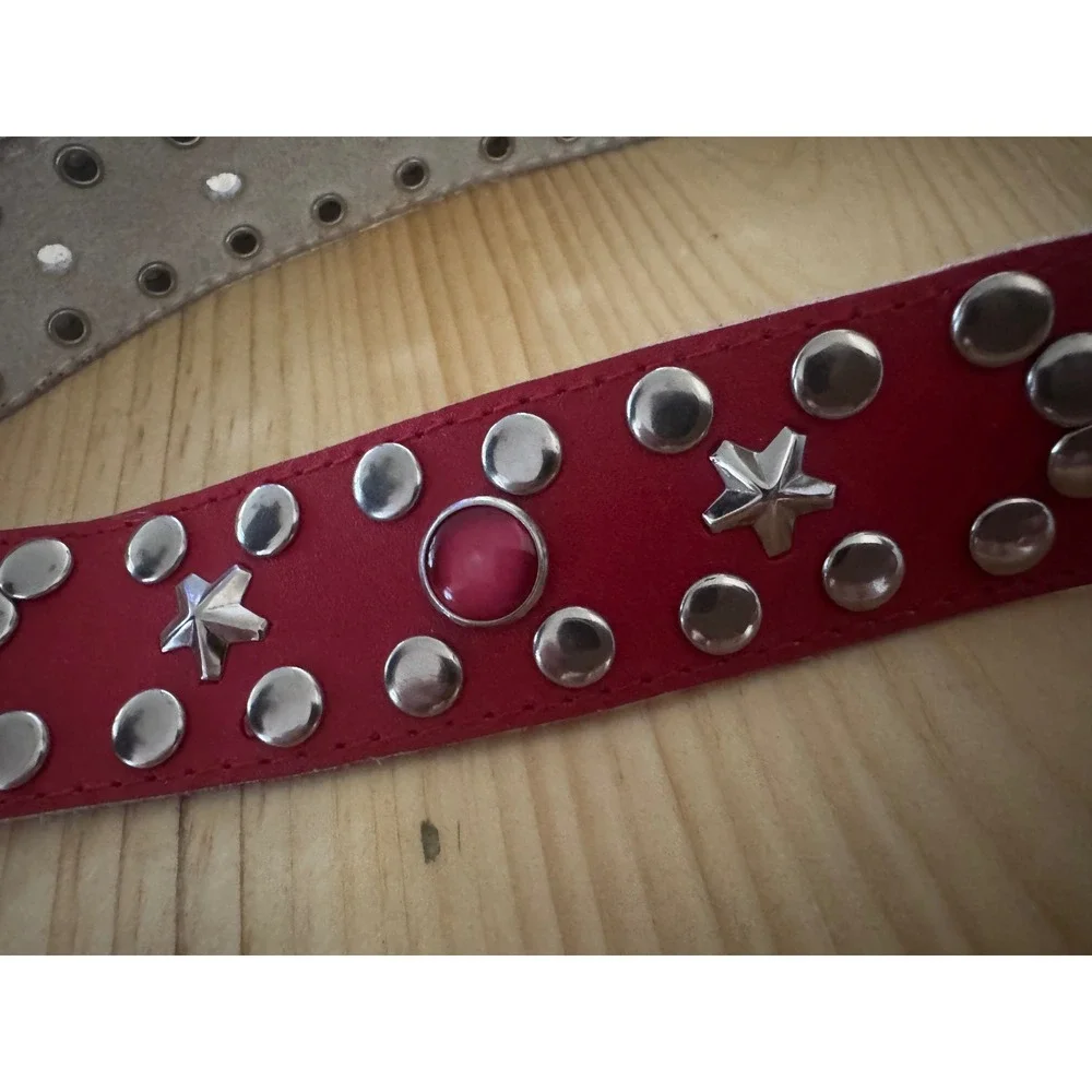 Red Leather Studded Star Belt Cabochons 80/90s Mall Goth Hong Kong Punk Rocker M